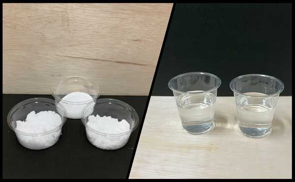 白い粉末、透明な液体の写真